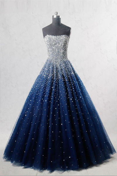 Gorgeous Strapless Beaded Dark Blue Tulle Long Prom Dresses, Open Back Beaded Dark Blue Formal Evening Dresses, Beaded Blue Ball Gown