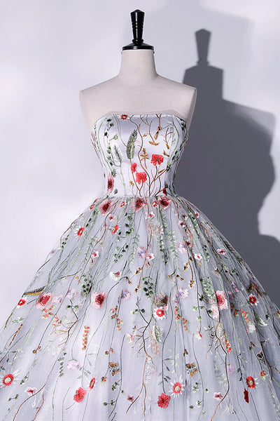 Gorgeous Strapless Floral White Long Prom Dresses, White Formal Evening Dresses with Appliques, Floral Ball Gown WT1149