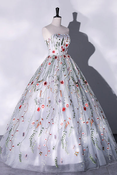 Gorgeous Strapless Floral White Long Prom Dresses, White Formal Evening Dresses with Appliques, Floral Ball Gown WT1149