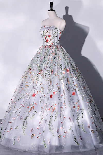 Gorgeous Strapless Floral White Long Prom Dresses, White Formal Evening Dresses with Appliques, Floral Ball Gown WT1149