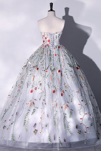 Gorgeous Strapless Floral White Long Prom Dresses, White Formal Evening Dresses with Appliques, Floral Ball Gown WT1149