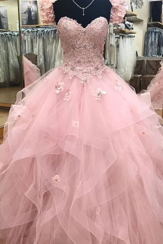 Gorgeous Strapless Pink Lace Fluffy Long Prom Dresses, Pink Lace Floral Formal Dresses, Pink Evening Dresses