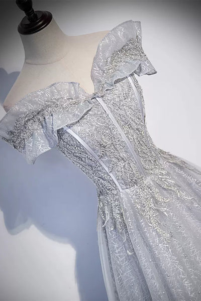 Gray Lace Shiny Off the Shoulder Beaded Long Prom Dresses, Beaded Gray Formal Graduation Evening Dresses WT1217