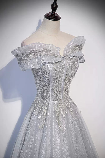 Gray Lace Shiny Off the Shoulder Beaded Long Prom Dresses, Beaded Gray Formal Graduation Evening Dresses WT1217