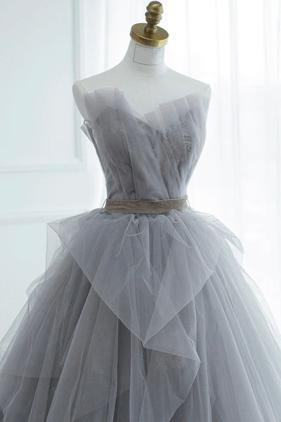 Gray Tulle A Line Strapless Lace Long Prom Dresses, Long Gray Formal Graduation Evening Dresses WT1157