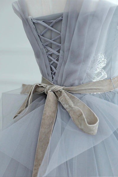 Gray Tulle A Line Strapless Lace Long Prom Dresses, Long Gray Formal Graduation Evening Dresses WT1157
