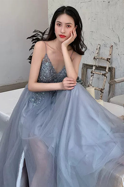 Gray Tulle A Line V Neck Beaded Long Prom Dresses, Grey Formal Graduation Evening Dresses with Beadings WT1018