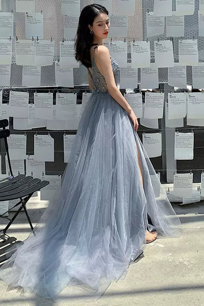Gray Tulle A Line V Neck Beaded Long Prom Dresses, Grey Formal Graduation Evening Dresses with Beadings WT1018