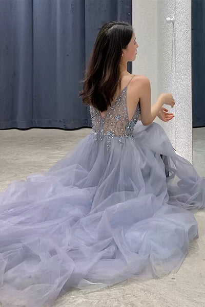 Gray Tulle A Line V Neck Beaded Long Prom Dresses, Grey Formal Graduation Evening Dresses with Beadings WT1018