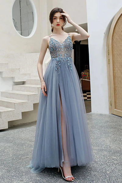 Gray Tulle Long Prom Dresses V Neck Open Back Beaded Grey Formal Evening Dresses with High Slit