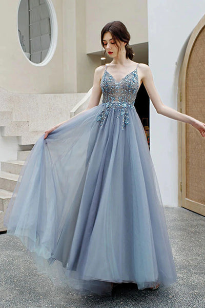 Gray Tulle Long Prom Dresses V Neck Open Back Beaded Grey Formal Evening Dresses with High Slit