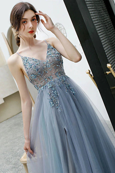 Gray Tulle Long Prom Dresses V Neck Open Back Beaded Grey Formal Evening Dresses with High Slit
