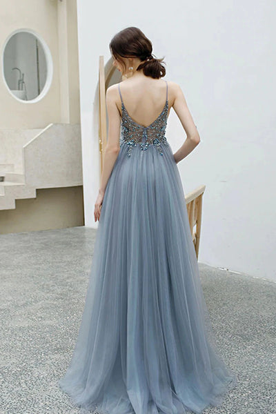 Gray Tulle Long Prom Dresses V Neck Open Back Beaded Grey Formal Evening Dresses with High Slit