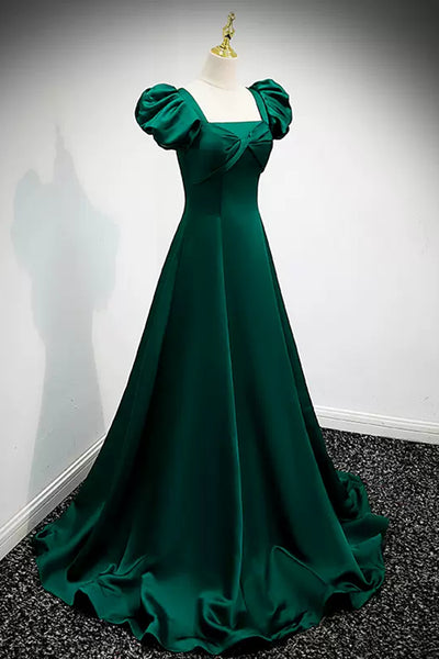 Green Satin Cap Sleeves Long Prom Dresses, Long Green Formal Graduation Evening Dresses WT1218
