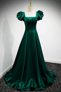 Green Satin Cap Sleeves Long Prom Dresses, Long Green Formal Graduation Evening Dresses WT1218