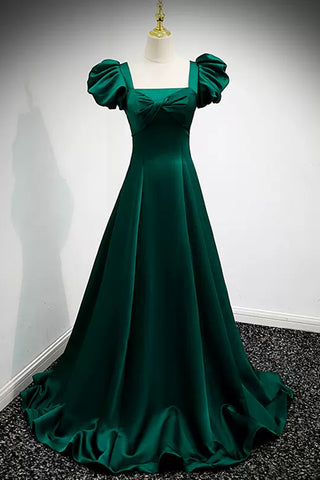 Green Satin Cap Sleeves Long Prom Dresses, Long Green Formal Graduation Evening Dresses WT1218