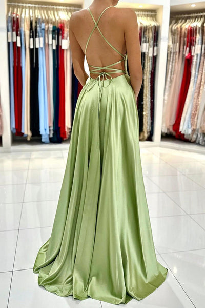 Green Satin Simple A Line Backless Long Prom Dresses with Leg Slit, Backless Green Formal Graduation Evening Dresses WT1106