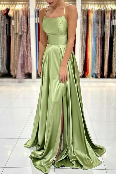Green Satin Simple A Line Backless Long Prom Dresses with Leg Slit, Backless Green Formal Graduation Evening Dresses WT1106
