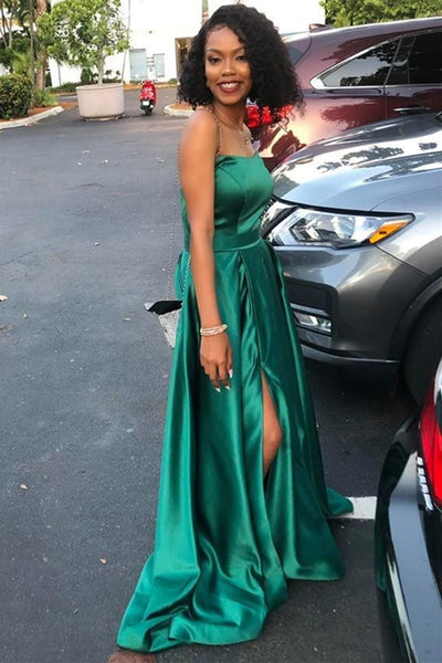 Green Satin Strapless Long Prom Dresses with High Slit, Green Formal Graduation Evening Dresses