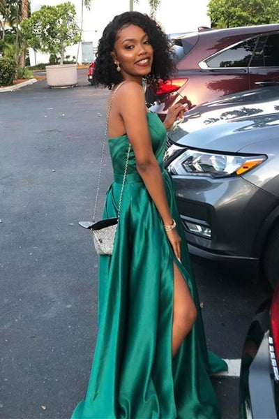Green Satin Strapless Long Prom Dresses with High Slit, Green Formal Graduation Evening Dresses