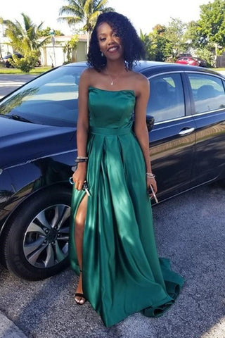Green Satin Strapless Long Prom Dresses with High Slit, Green Formal Graduation Evening Dresses