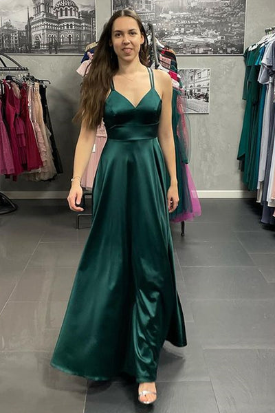 Green Satin V Neck Open Back Long Prom Dresses with High Slit, V Neck Green Formal Graduation Evening Dresses WT1141