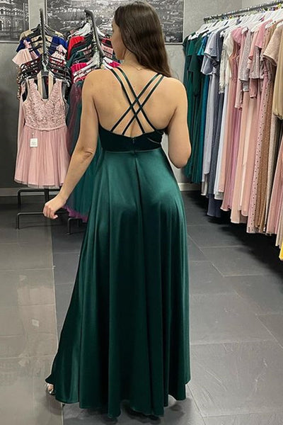 Green Satin V Neck Open Back Long Prom Dresses with High Slit, V Neck Green Formal Graduation Evening Dresses WT1141