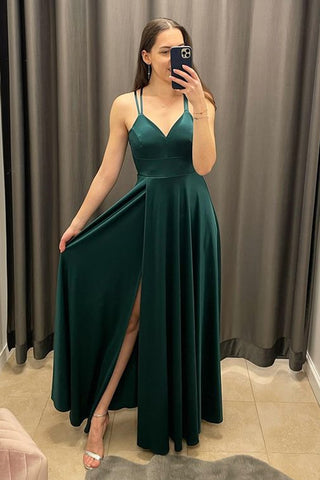 Green Satin V Neck Open Back Long Prom Dresses with High Slit, V Neck Green Formal Graduation Evening Dresses WT1141