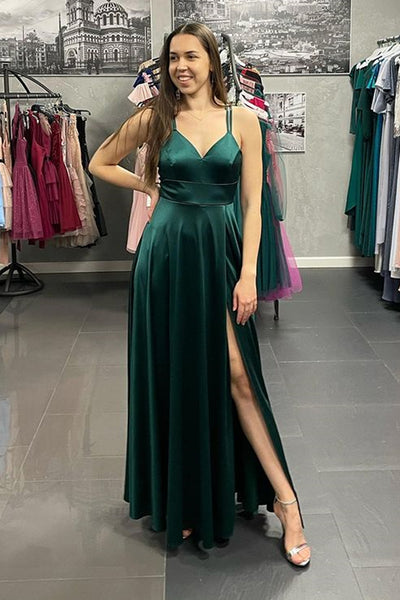 Green Satin V Neck Open Back Long Prom Dresses with High Slit, V Neck Green Formal Graduation Evening Dresses WT1141