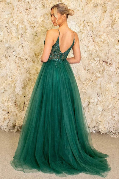 Green Tulle A Line V Neck Beaded Long Prom Dresses, V Neck Beaded Green Formal Graduation Evening Dresses WT1113