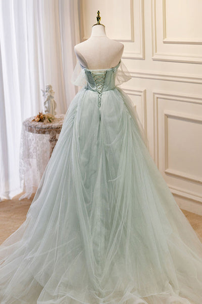 Green Tulle Elegant A Line Beaded Long Prom Dresses, Long Green Formal Evening Dresses WT1160
