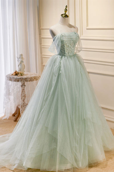 Green Tulle Elegant A Line Beaded Long Prom Dresses, Long Green Formal Evening Dresses WT1160