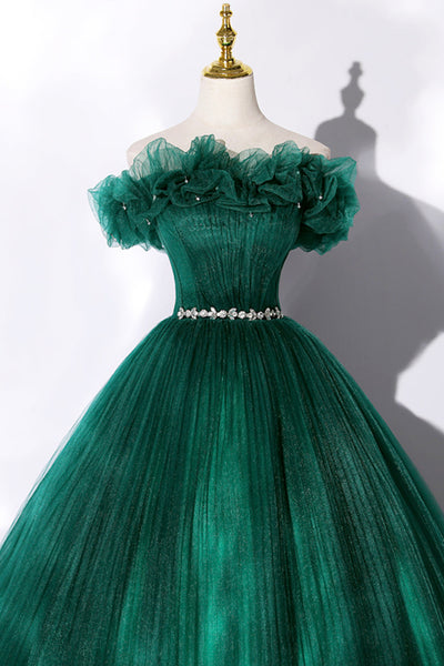 Green Tulle Off Shoulder Long Prom Dresses with Belt, Green Formal Evening Dresses, Ball Gown WT1166