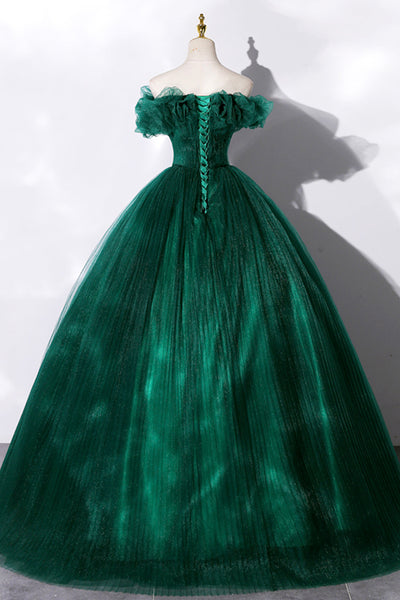 Green Tulle Off Shoulder Long Prom Dresses with Belt, Green Formal Evening Dresses, Ball Gown WT1166