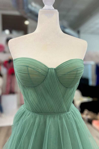 Green Tulle Strapless Floral Long Prom Dresses, Strapless Green Formal Dresses, Green Tulle Evening Dresses WT1148