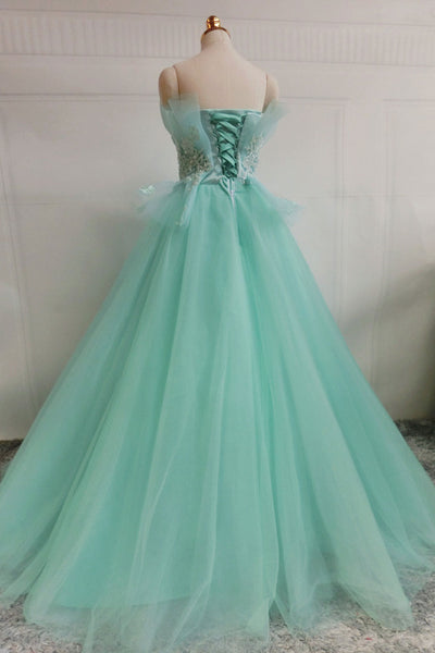 Green Tulle Strapless Lace Long Prom Dresses, Green Tulle Formal Evening Dresses, Ball Gown WT1174