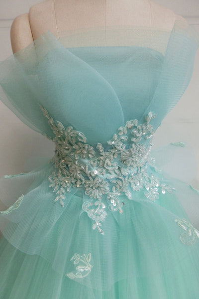 Green Tulle Strapless Lace Long Prom Dresses, Green Tulle Formal Evening Dresses, Ball Gown WT1174