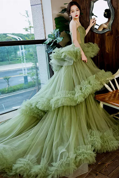 Green Tulle Sweetheart Neck Layered Long Prom Dresses, Long Green Formal Evening Dresses, Ball Gown WT1187
