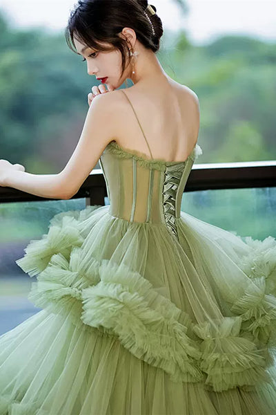 Green Tulle Sweetheart Neck Layered Long Prom Dresses, Long Green Formal Evening Dresses, Ball Gown WT1187