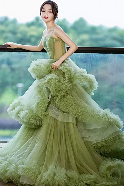 Green Tulle Sweetheart Neck Layered Long Prom Dresses, Long Green Formal Evening Dresses, Ball Gown WT1187