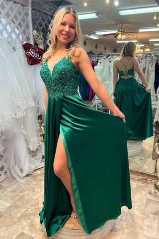 Green V Neck Open Back Beaded Lace Prom Dresses Long, High Slit Green Formal Graduation Evening Dresses WT1211