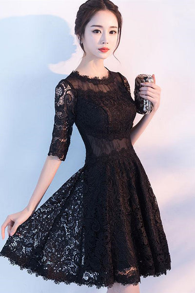 Half Sleeves Black Lace Short Prom Dresses, Black Lace Homecoming Dresses, Black Formal Graduation Evening Dresses