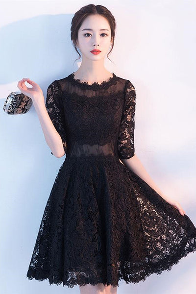 Half Sleeves Black Lace Short Prom Dresses, Black Lace Homecoming Dresses, Black Formal Graduation Evening Dresses