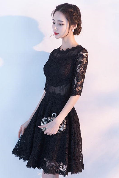 Half Sleeves Black Lace Short Prom Dresses, Black Lace Homecoming Dresses, Black Formal Graduation Evening Dresses