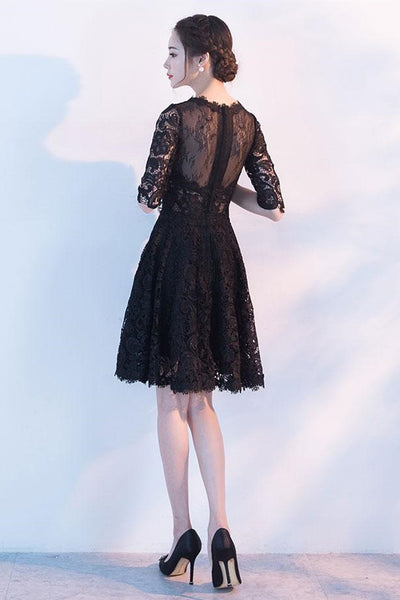 Half Sleeves Black Lace Short Prom Dresses, Black Lace Homecoming Dresses, Black Formal Graduation Evening Dresses