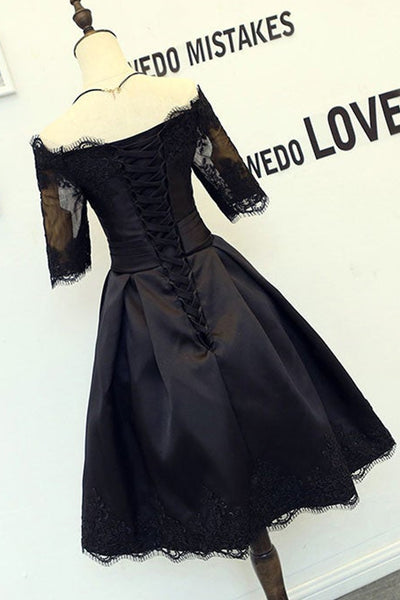 Half Sleeves Black Lace Short Prom Dresses, Black Lace Homecoming Dresses, Short Black Formal Evening Dresses
