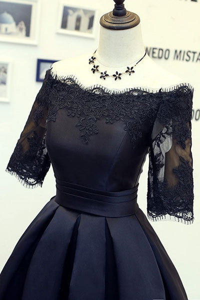 Half Sleeves Black Lace Short Prom Dresses, Black Lace Homecoming Dresses, Short Black Formal Evening Dresses