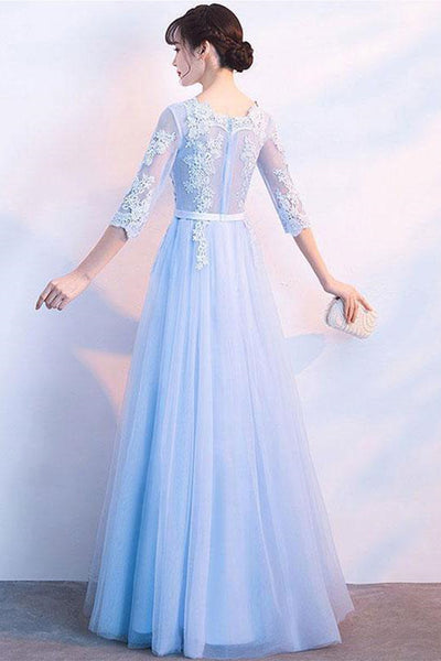 Half Sleeves Blue Lace Long Prom Dresses, Blue Lace Formal Dresses, Blue Evening Dresses