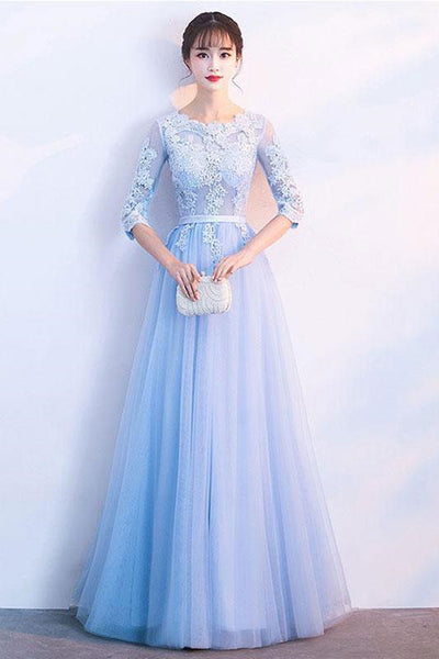 Half Sleeves Blue Lace Long Prom Dresses, Blue Lace Formal Dresses, Blue Evening Dresses