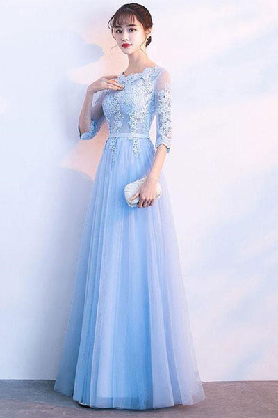 Half Sleeves Blue Lace Long Prom Dresses, Blue Lace Formal Dresses, Blue Evening Dresses